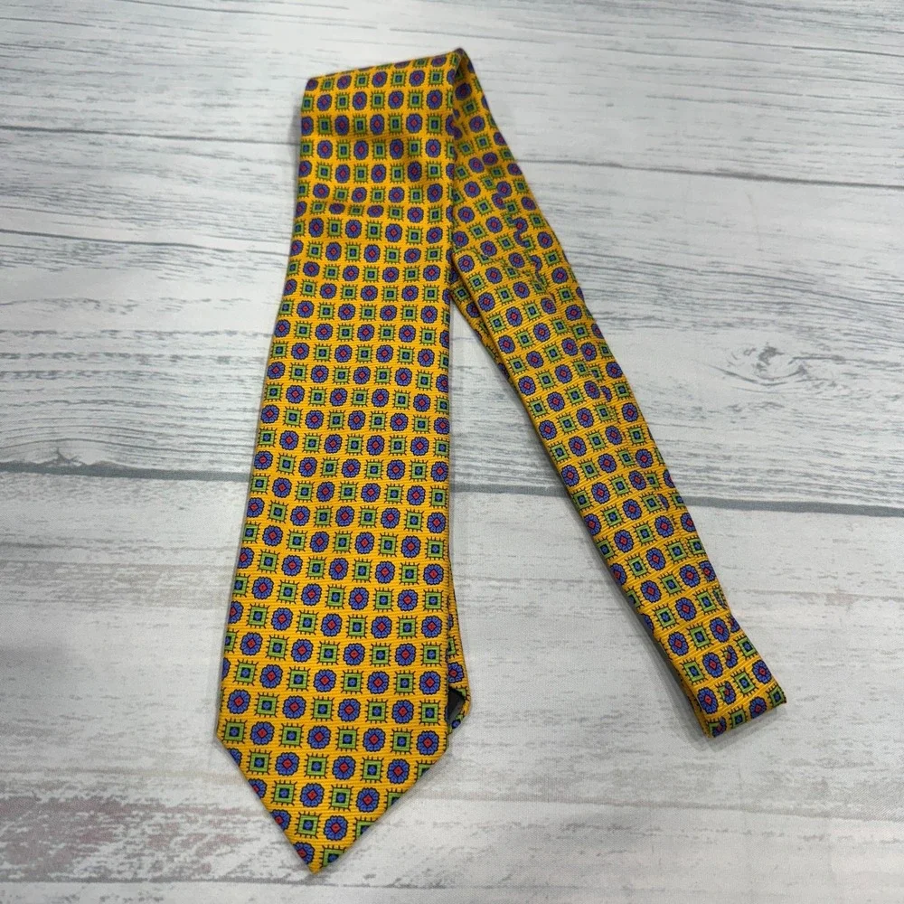 Robert Talbott Neck Tie Silk Yellow Geometric Made in USA Mens Business Work Fun